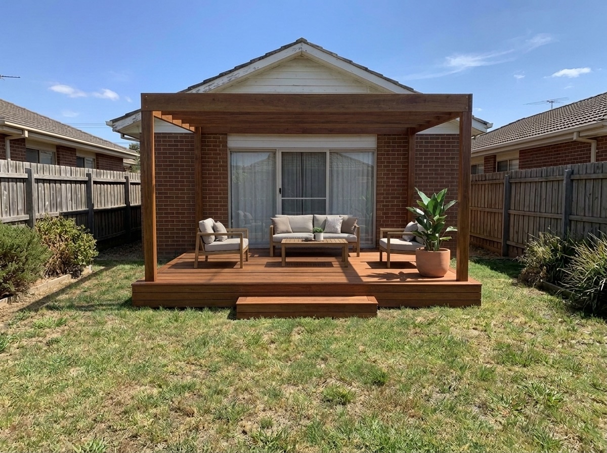 Backyard after: new timber deck with pergola